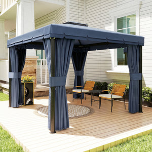 3 x 3(m) Patio Gazebo Canopy Garden Pavilion Tent Shelter Marquee with 2 Tier Water Repellent Roof, Mosquito Netting and Curtains, Aluminium Frame, Dark Blue