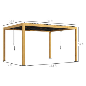 Outsunny 10' x 13' Louvered Pergola, Aluminum Outdoor Pergola with Adjustable Roof, Hardtop Gazebo for Patio, Deck, Garden, Yard, Beach, Black Roof and Natural Frame