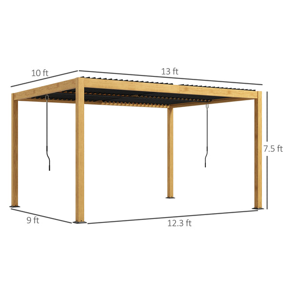 Outsunny 10' x 13' Louvered Pergola, Aluminum Outdoor Pergola with Adjustable Roof, Hardtop Gazebo for Patio, Deck, Garden, Yard, Beach, Black Roof and Natural Frame