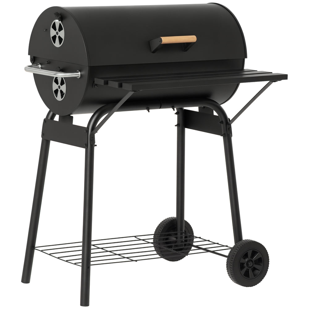 30" Portable Barrel Charcoal BBQ Grill with 370 Square Inches Cooking Space & Storage Shelf for Garden Camping Picnic, Black