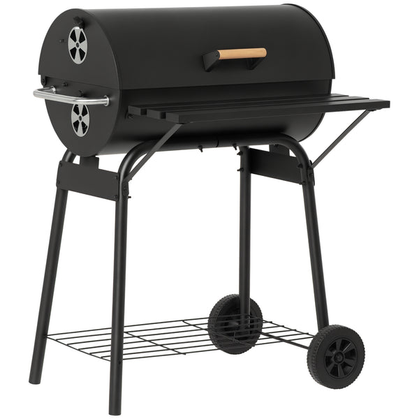 30" Portable Barrel Charcoal BBQ Grill with 370 Square Inches Cooking Space & Storage Shelf for Garden Camping Picnic, Black