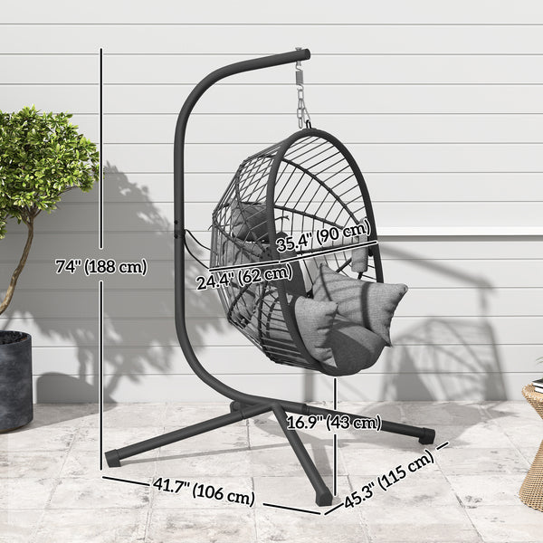 Hanging Egg Chair with Thick Padded Cushion, Foldable Wicker Egg Swing Chair with Metal Stand, Hammock Chair with Cup Holder, Rope Structure, for Indoor and Outdoor, Grey