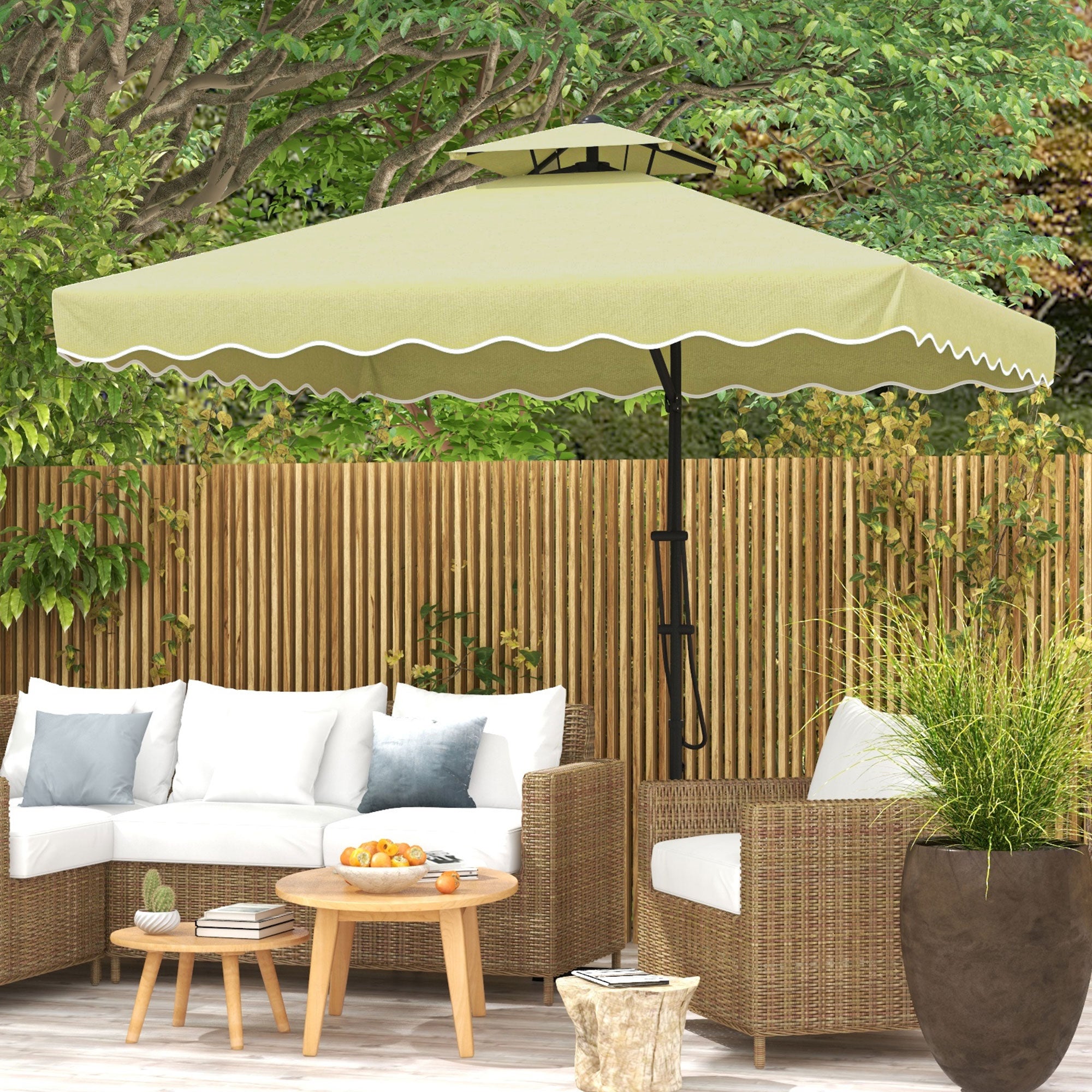best cantilever patio umbrella uk Outsunny 2.5m Square Patio Double Top Cantilever Umbrella with Cross Base and Ruffles, Beige