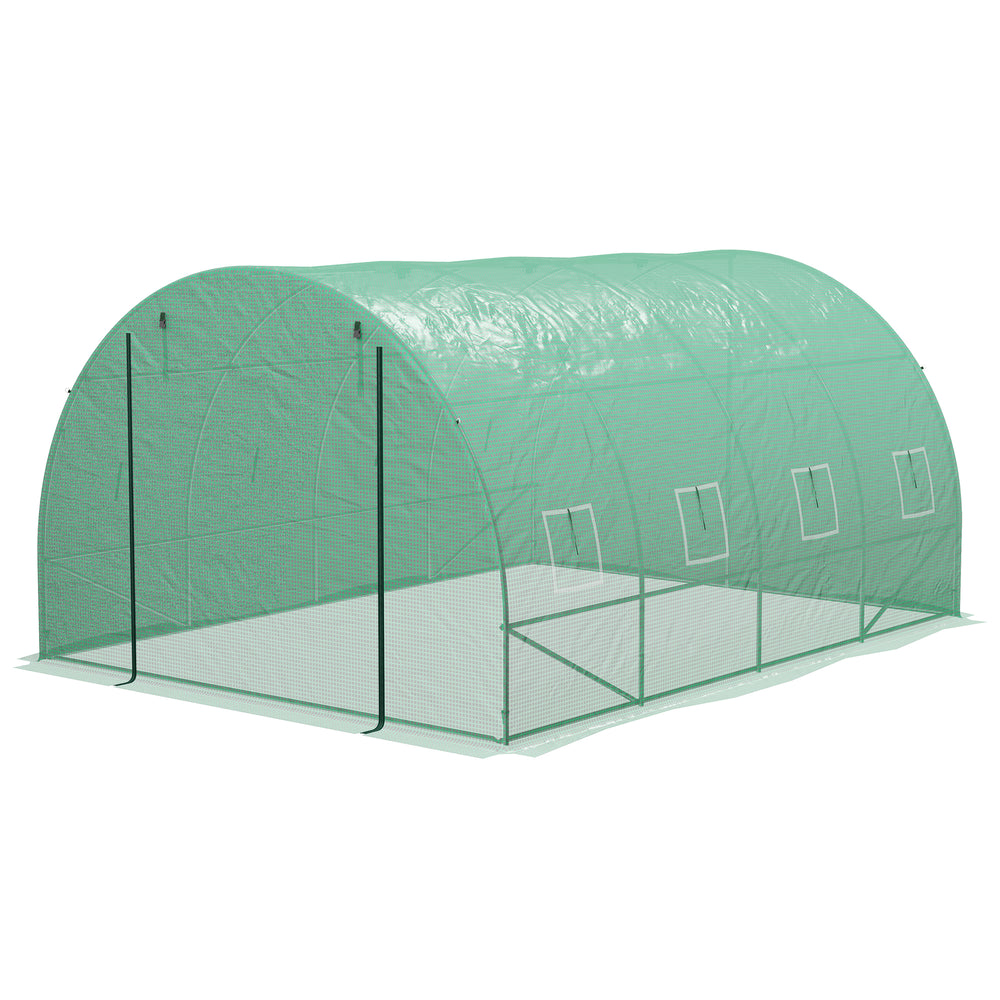 4 x 3(m) Polytunnel Greenhouse with Sprinkler Irrigation System, Walk-in Green House for Garden with Wide Roll-up Door, 8 Mesh Windows, Galvanised Steel Frame, Green
