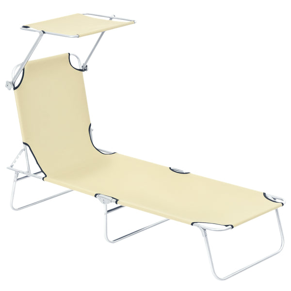 Outdoor Lounge Chair, Adjustable Folding Chaise Lounge, Tanning Chair with Sun Shade for Beach, Camping, Hiking, Backyard, Beige