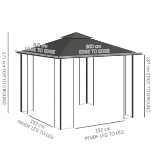 3(m) x 3(m) Garden Gazebo, Double Roof Outdoor Gazebo Canopy Shelter with Netting, Solid Steel Frame, for Garden, Lawn and Deck, Light Grey