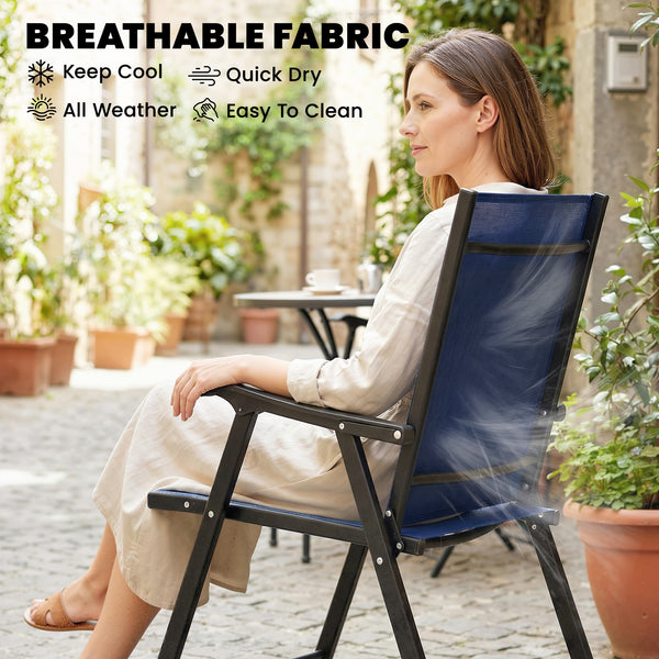 Folding Garden Chairs Set of 2, Foldable Garden Dining Chairs with High Back and Armrests, Breathable Texteline Folding Outdoor Chair Set with Metal Frame for Patio, Balcony, Navy Blue
