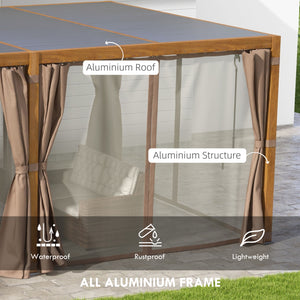 Outsunny 12' x 19' Louvered Pergola Hardtop Gazebo with Adjustable Aluminum Roof and Frame, Outdoor Pergola with Curtains and Netting, for Garden, Lawn, Backyard, and Deck, Wood-Like