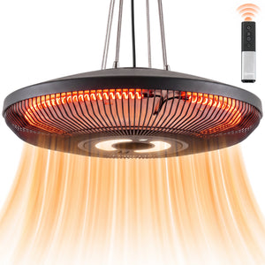 Hanging Electric Patio Heater with LED Light, 1000/2000 W IP65 Waterproof Ceiling Mounted Outdoor Infrared Heater with Touch/Remote Control, 24-Hour Timer, Black