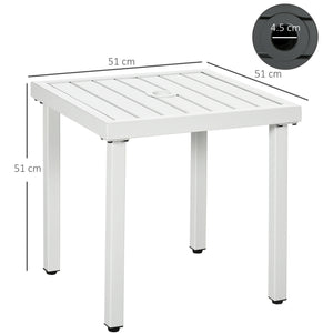 Garden Side Table, 51x51cm Square Patio Coffee Table with Umbrella Hole, End Table with Steel Frame for Balcony, White