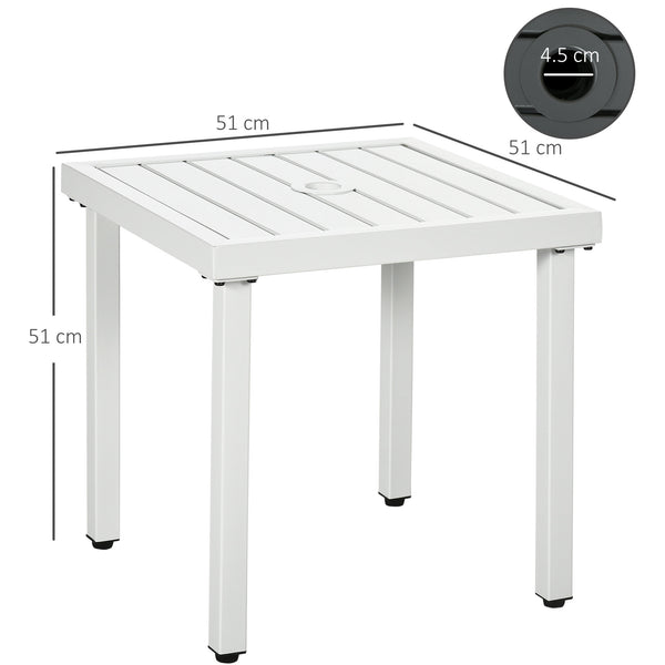 Garden Side Table, 51x51cm Square Patio Coffee Table with Umbrella Hole, End Table with Steel Frame for Balcony, White