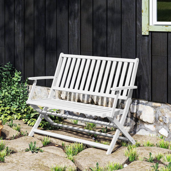 Outdoor Bench, 46.5 inches Foldable Acacia Wood Loveseat with Backrest and Armrests, 705 lbs. Weight Capacity Garden Bench for Outdoors, Patio, Porch, Park, White