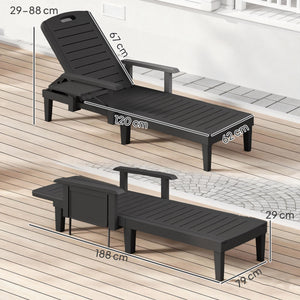 Set of 2 Resin Reclining Sun Loungers for Garden, 5 Positions Adjustable Outdoor Chaise Lounge Chair with Wood Texture Surface, Armrests, Foldable Side Table for Garden, Beach, Black