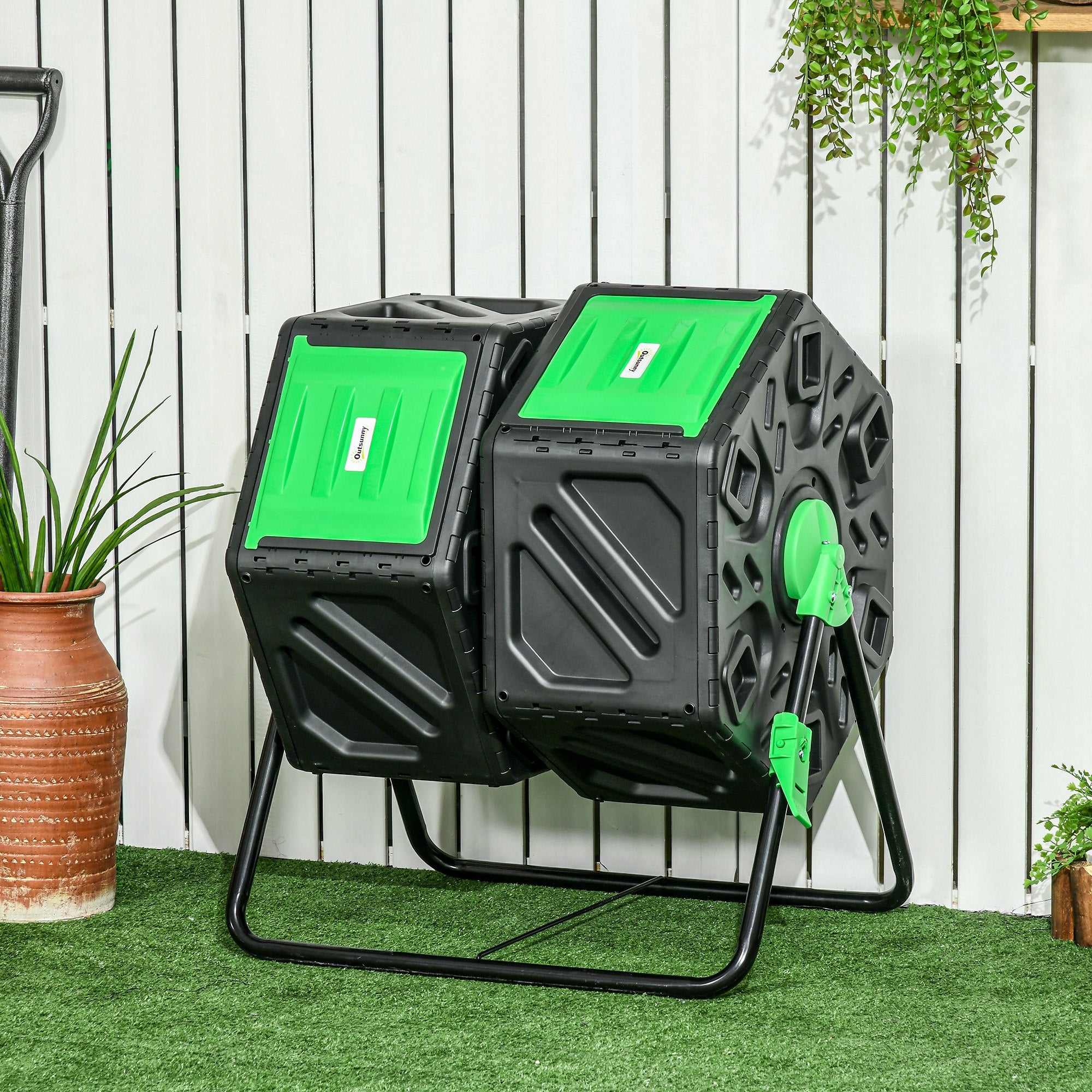 Dual Chamber Garden Compost Bin, 130L Rotating Composter, Compost Maker ...