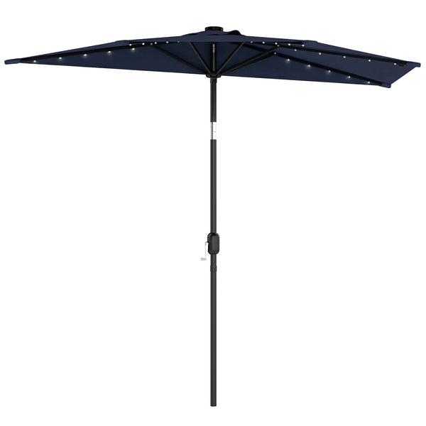 2.6 m Half Garden Parasol with Solar LED Lights, UPF50+ Semi Round Umbrella with 30° Tilt, Crank Handle, Metal Frame for Balcony, Dark Blue