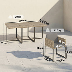 7 Piece Rattan Garden Furniture Set, Garden Dining Set with Wood-Plastic Table and 6 Stackable Chairs, Rattan Table and Chairs with 12 Cushions for Patio Terrace, Light Brown
