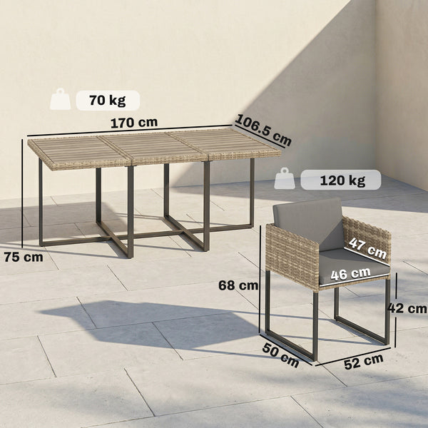 7 Piece Rattan Garden Furniture Set, Garden Dining Set with Wood-Plastic Table and 6 Stackable Chairs, Rattan Table and Chairs with 12 Cushions for Patio Terrace, Light Brown