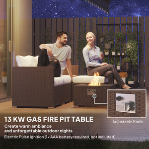 5 Piece Rattan Garden Furniture Set with Gas Fire Pit Table, 4 Seater Outdoor Sectional Sofa Set with Footstool and Removable Cushions, Modular Combination, Brown and Cream White