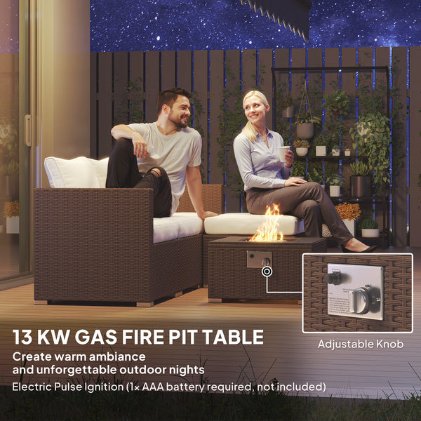 5 Piece Rattan Garden Furniture Set with Gas Fire Pit Table, 4 Seater Outdoor Sectional Sofa Set with Footstool and Removable Cushions, Modular Combination, Brown and Cream White