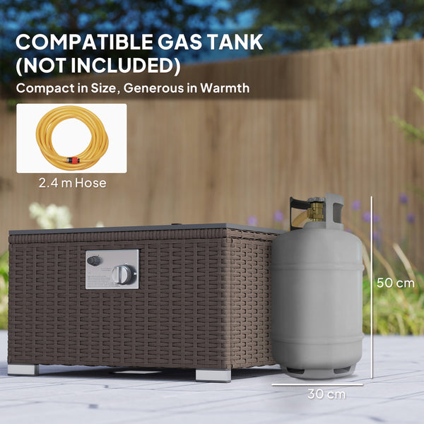 5 Piece Rattan Garden Furniture Set with Gas Fire Pit Table, 4 Seater Outdoor Sectional Sofa Set with Footstool and Removable Cushions, Modular Combination, Brown and Cream White