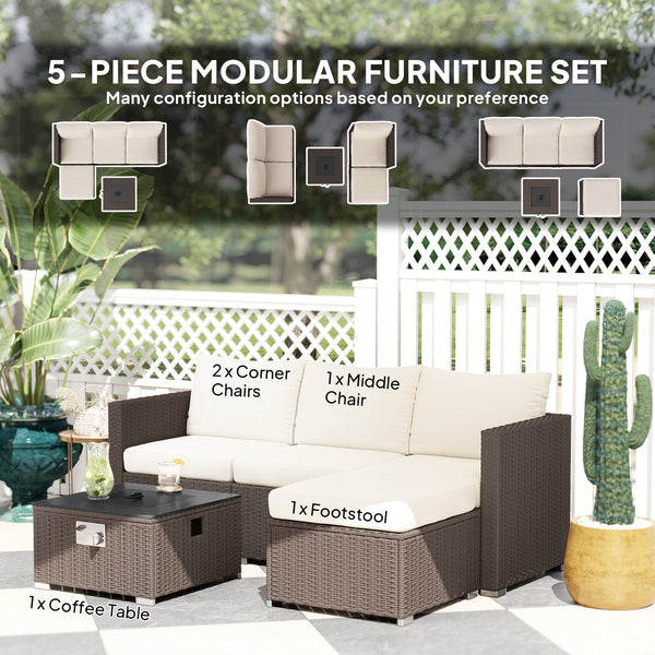 5 Piece Rattan Garden Furniture Set with Gas Fire Pit Table, 4 Seater Outdoor Sectional Sofa Set with Footstool and Removable Cushions, Modular Combination, Brown and Cream White