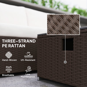 5 Piece Rattan Garden Furniture Set with Gas Fire Pit Table, 4 Seater Outdoor Sectional Sofa Set with Footstool and Removable Cushions, Modular Combination, Brown and Cream White