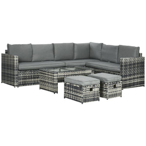 6 Piece Rattan Garden Furniture Set, 8-Seater Outdoor Sofa Sectional with 3 Loveseat Wicker Sofa with Cushions, 2 Footstools and Glass Table for Yard, Poolside, Grey