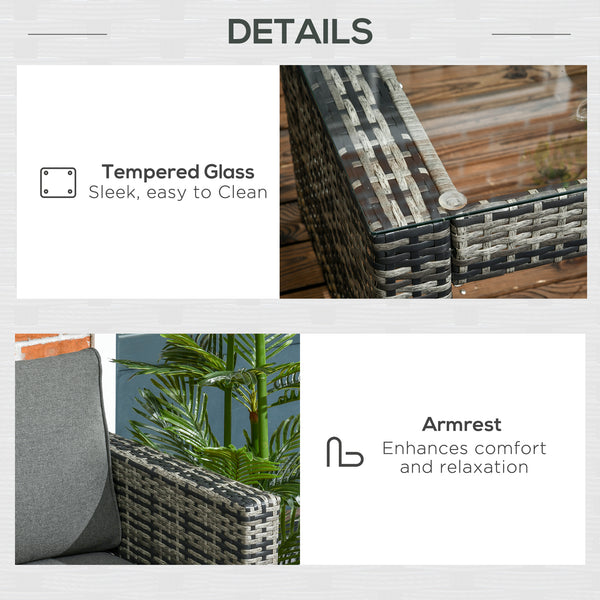 6 Piece Rattan Garden Furniture Set, 8-Seater Outdoor Sofa Sectional with 3 Loveseat Wicker Sofa with Cushions, 2 Footstools and Glass Table for Yard, Poolside, Grey