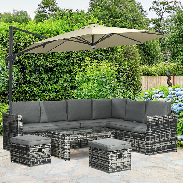 6 Piece Rattan Garden Furniture Set, 8-Seater Outdoor Sofa Sectional with 3 Loveseat Wicker Sofa with Cushions, 2 Footstools and Glass Table for Yard, Poolside, Grey