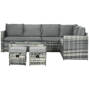 6 Piece Rattan Garden Furniture Set, 8-Seater Outdoor Sofa Sectional with 3 Loveseat Wicker Sofa with Cushions, 2 Footstools and Glass Table for Yard, Poolside, Grey