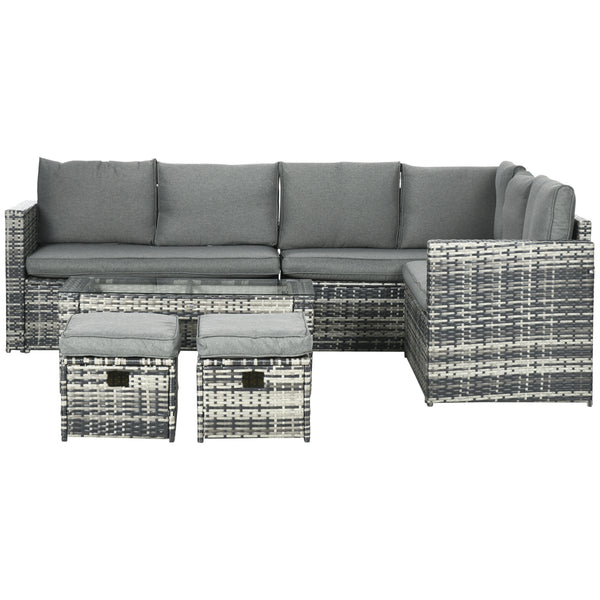 6 Piece Rattan Garden Furniture Set, 8-Seater Outdoor Sofa Sectional with 3 Loveseat Wicker Sofa with Cushions, 2 Footstools and Glass Table for Yard, Poolside, Grey