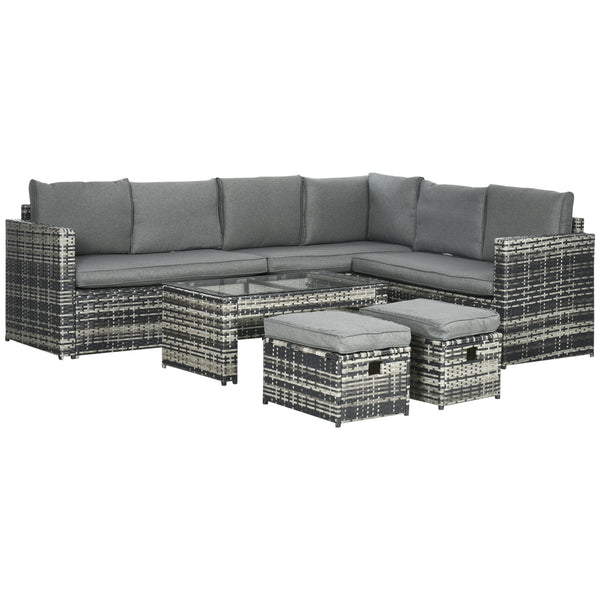 6 Piece Rattan Garden Furniture Set, 8-Seater Outdoor Sofa Sectional with 3 Loveseat Wicker Sofa with Cushions, 2 Footstools and Glass Table for Yard, Poolside, Grey