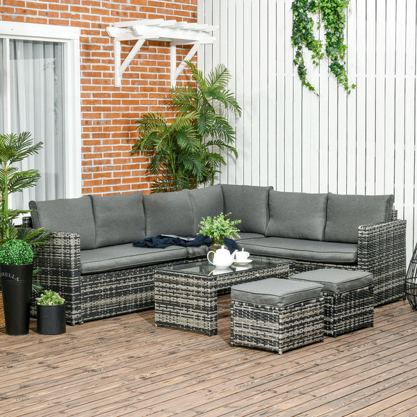 6 Piece Rattan Garden Furniture Set, 8-Seater Outdoor Sofa Sectional with 3 Loveseat Wicker Sofa with Cushions, 2 Footstools and Glass Table for Yard, Poolside, Grey