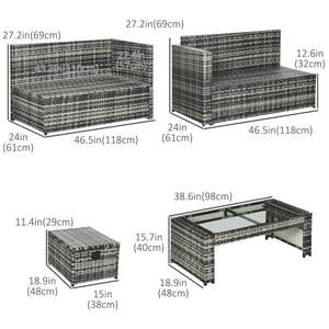 6 Piece Rattan Garden Furniture Set, 8-Seater Outdoor Sofa Sectional with 3 Loveseat Wicker Sofa with Cushions, 2 Footstools and Glass Table for Yard, Poolside, Grey