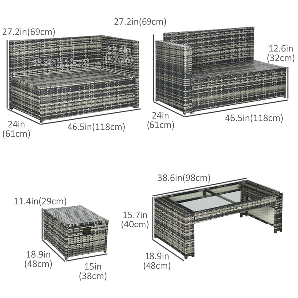 6 Piece Rattan Garden Furniture Set, 8-Seater Outdoor Sofa Sectional with 3 Loveseat Wicker Sofa with Cushions, 2 Footstools and Glass Table for Yard, Poolside, Grey