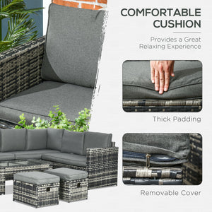 6 Piece Rattan Garden Furniture Set, 8-Seater Outdoor Sofa Sectional with 3 Loveseat Wicker Sofa with Cushions, 2 Footstools and Glass Table for Yard, Poolside, Grey