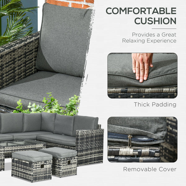 6 Piece Rattan Garden Furniture Set, 8-Seater Outdoor Sofa Sectional with 3 Loveseat Wicker Sofa with Cushions, 2 Footstools and Glass Table for Yard, Poolside, Grey