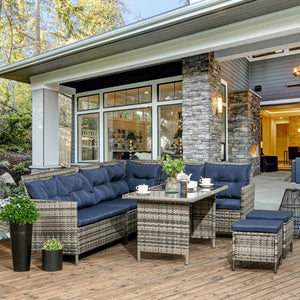 6 Pieces Rattan Garden Furniture Set, 8-Seater Garden Corner Sofa Set with 3 Loveseats, Glass Top Table, Footstools, Outdoor Conservatory Furniture with Cushions for Patio, Dark Blue