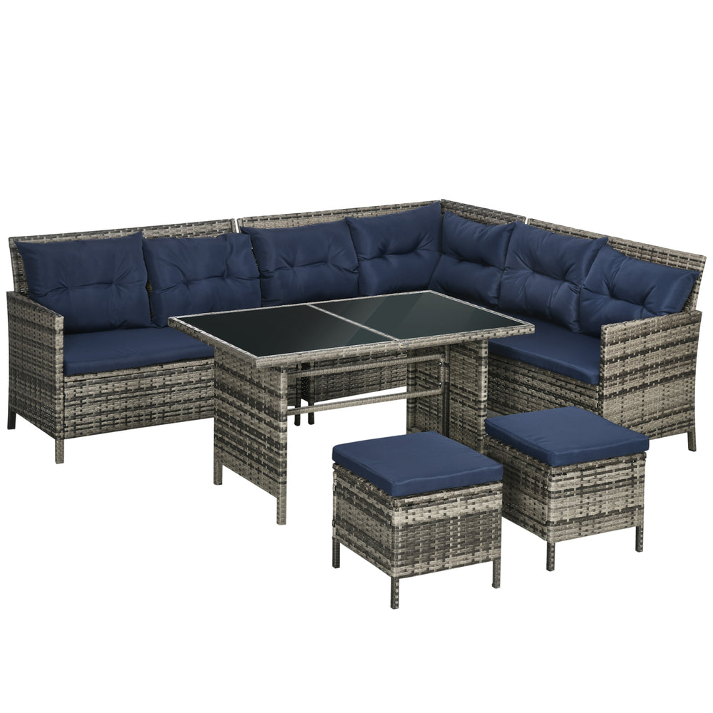 6 Pieces Rattan Garden Furniture Set, 8-Seater Garden Corner Sofa Set with 3 Loveseats, Glass Top Table, Footstools, Outdoor Conservatory Furniture with Cushions for Patio, Dark Blue