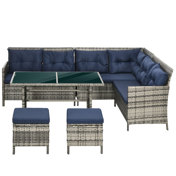 6 Pieces Rattan Garden Furniture Set, 8-Seater Garden Corner Sofa Set with 3 Loveseats, Glass Top Table, Footstools, Outdoor Conservatory Furniture with Cushions for Patio, Dark Blue