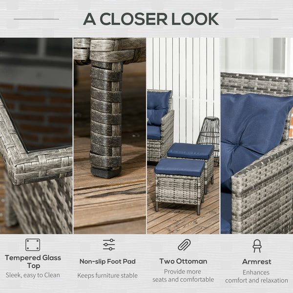 6 Pieces Rattan Garden Furniture Set, 8-Seater Garden Corner Sofa Set with 3 Loveseats, Glass Top Table, Footstools, Outdoor Conservatory Furniture with Cushions for Patio, Dark Blue