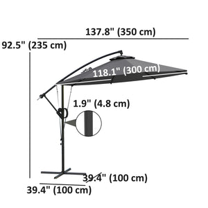 118.1" Patio Offset Umbrella with Cover and Wind Protection Strap, Round Overhanging Umbrella with Crank Handle and Tilt for Outdoor Sun Shade, UPF50+, Grey