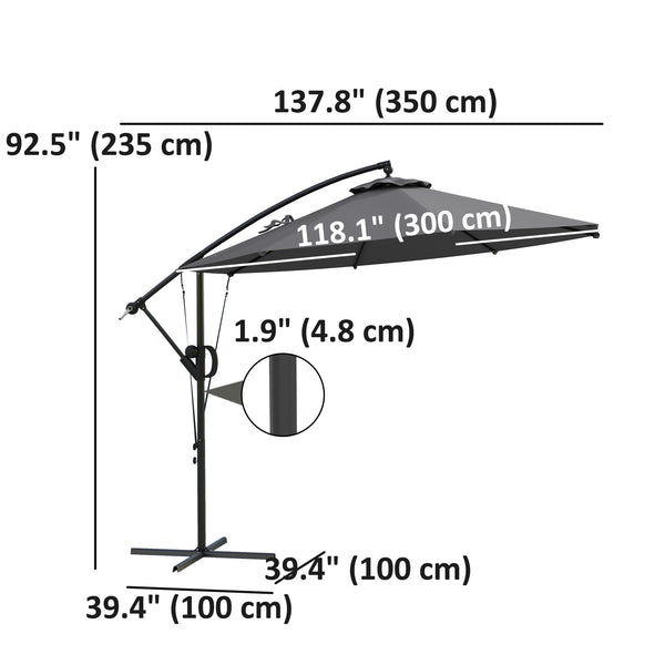 118.1" Patio Offset Umbrella with Cover and Wind Protection Strap, Round Overhanging Umbrella with Crank Handle and Tilt for Outdoor Sun Shade, UPF50+, Grey