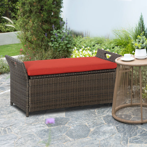 Outsunny 27 Gallon Patio Wicker Storage Bench, Outdoor PE Rattan Patio Furniture, 2-In-1 Large Capacity Rectangle Garden Storage Box with Handles and Cushion, Red