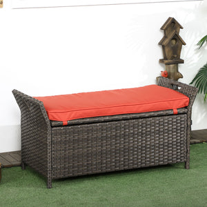 Outsunny 27 Gallon Patio Wicker Storage Bench, Outdoor PE Rattan Patio Furniture, 2-In-1 Large Capacity Rectangle Garden Storage Box with Handles and Cushion, Red