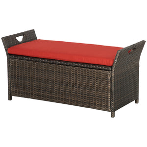 Outsunny 27 Gallon Patio Wicker Storage Bench, Outdoor PE Rattan Patio Furniture, 2-In-1 Large Capacity Rectangle Garden Storage Box with Handles and Cushion, Red