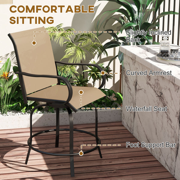 Outdoor Bar Stools with Armrests, Set of 2 360° Swivel Bar Height Patio Chairs with High-Density Mesh Fabric, Steel Frame Dining Chairs for Balcony, Poolside, Backyard, Tan