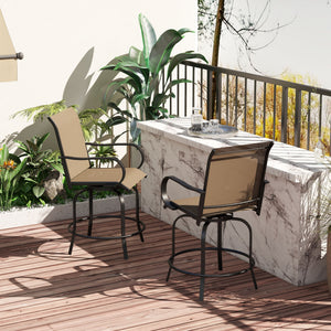 Outdoor Bar Stools with Armrests, Set of 2 360° Swivel Bar Height Patio Chairs with High-Density Mesh Fabric, Steel Frame Dining Chairs for Balcony, Poolside, Backyard, Tan