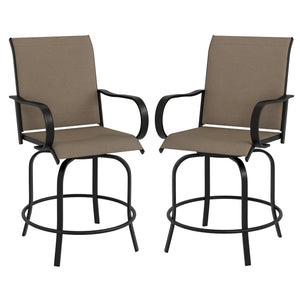 Outdoor Bar Stools with Armrests, Set of 2 360° Swivel Bar Height Patio Chairs with High-Density Mesh Fabric, Steel Frame Dining Chairs for Balcony, Poolside, Backyard, Tan