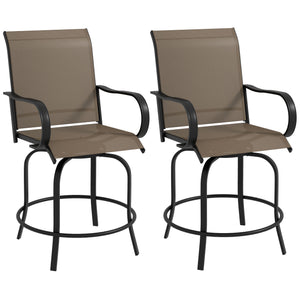 Outdoor Bar Stools with Armrests, Set of 2 360° Swivel Bar Height Patio Chairs with High-Density Mesh Fabric, Steel Frame Dining Chairs for Balcony, Poolside, Backyard, Tan